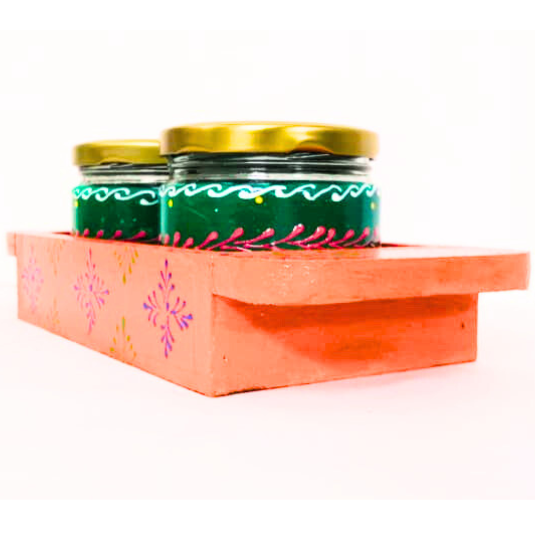 Hand-Painted Decorative Glass Jar Set with Wooden Tray | Traditional Rajasthani Design | Festive Storage Jars with Golden Lids for Spices, Dry Fruits, Gifts & Home Décor