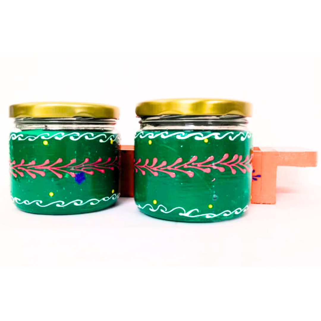 Hand-Painted Decorative Glass Jar Set with Wooden Tray | Traditional Rajasthani Design | Festive Storage Jars with Golden Lids for Spices, Dry Fruits, Gifts & Home Décor