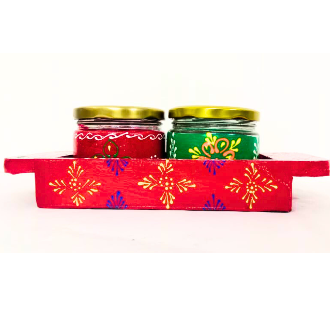 Hand-Painted Decorative Glass Jar Set with Wooden Tray | Traditional Rajasthani Design | Festive Storage Jars with Golden Lids for Spices, Dry Fruits, Gifts & Home Décor