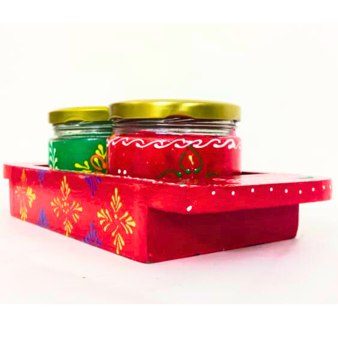 Hand-Painted Decorative Glass Jar Set with Wooden Tray | Traditional Rajasthani Design | Festive Storage Jars with Golden Lids for Spices, Dry Fruits, Gifts & Home Décor