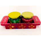 Hand-Painted Decorative Glass Jar Set with Wooden Tray | Traditional Rajasthani Design | Festive Storage Jars with Golden Lids for Spices, Dry Fruits, Gifts & Home Décor