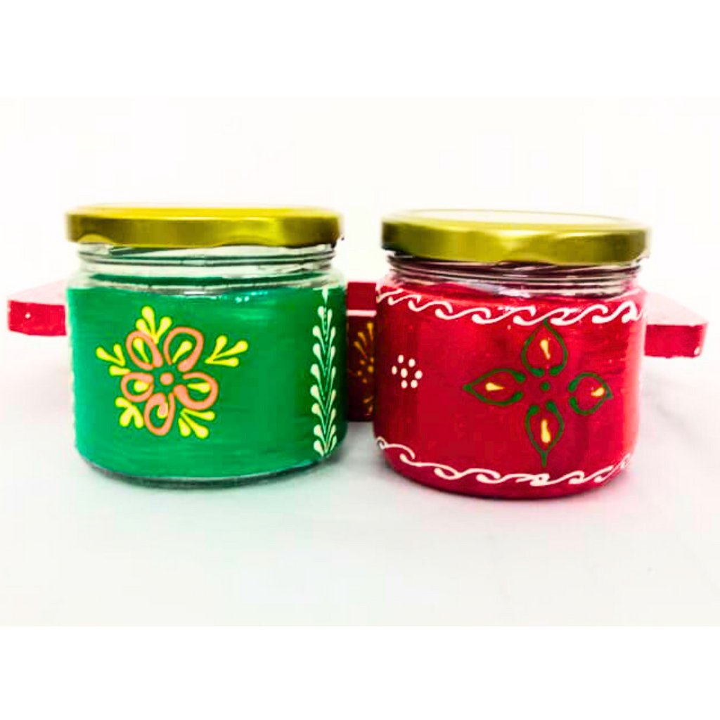 Hand-Painted Decorative Glass Jar Set with Wooden Tray | Traditional Rajasthani Design | Festive Storage Jars with Golden Lids for Spices, Dry Fruits, Gifts & Home Décor