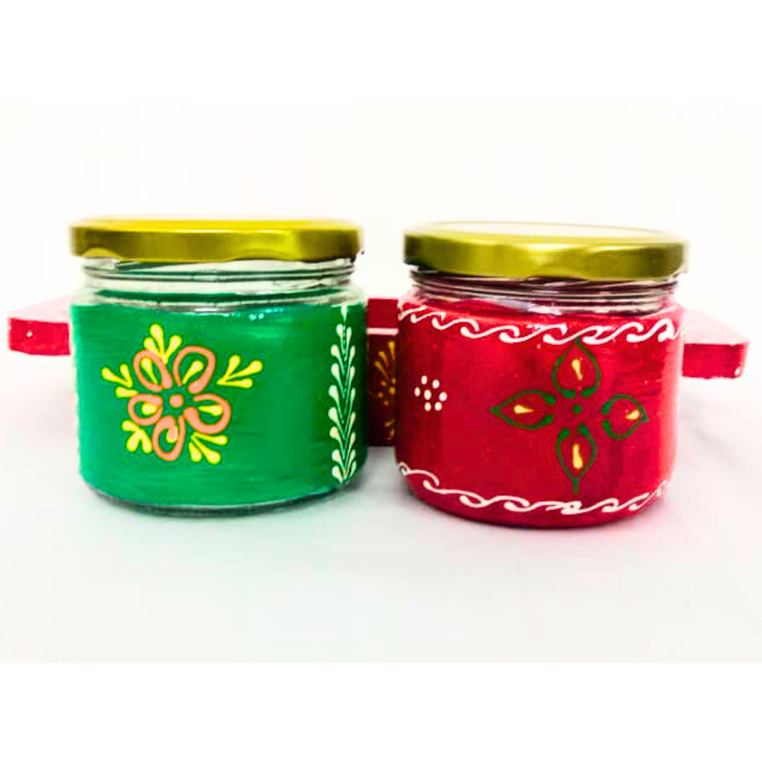 Hand-Painted Decorative Glass Jar Set with Wooden Tray | Traditional Rajasthani Design | Festive Storage Jars with Golden Lids for Spices, Dry Fruits, Gifts & Home Décor