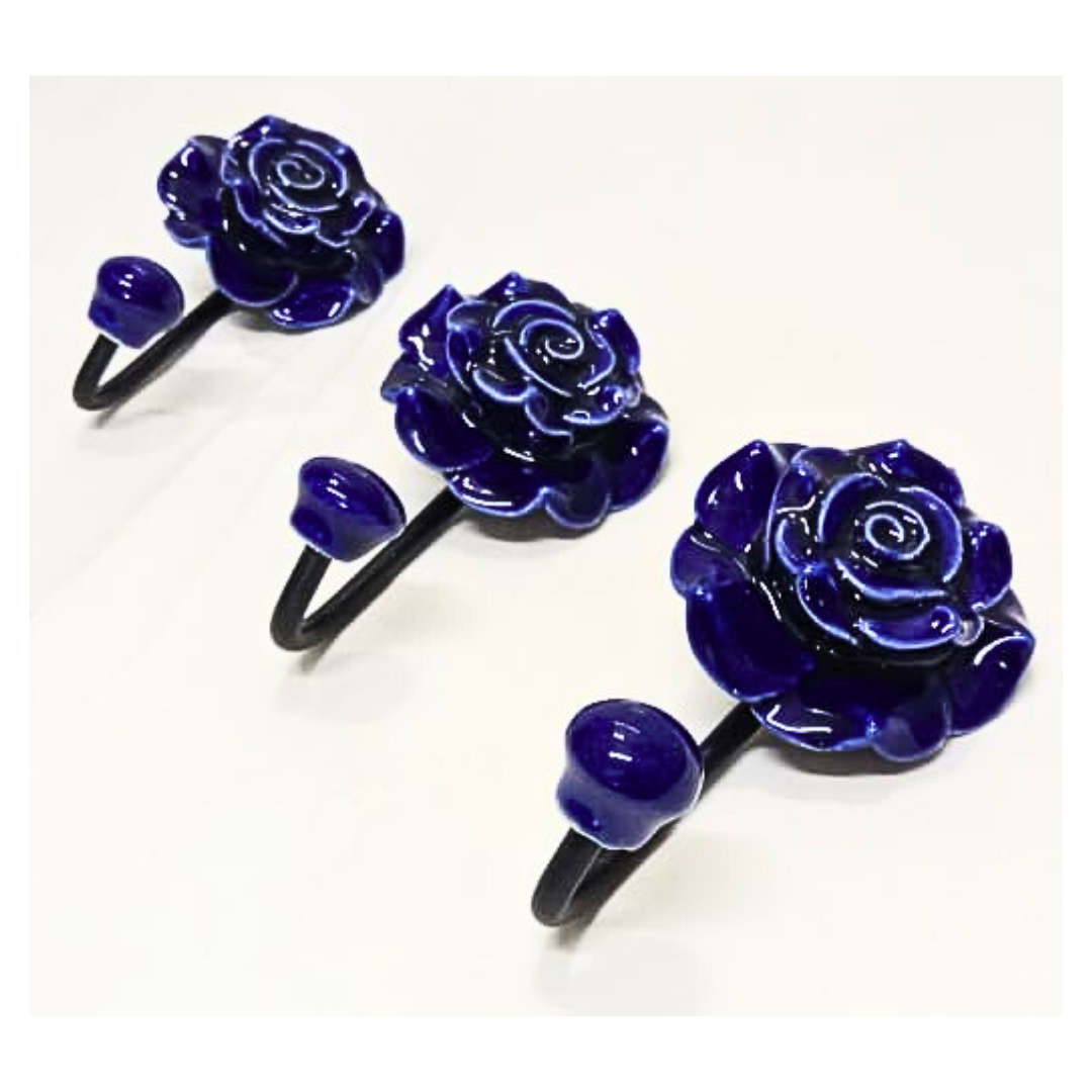 Decorative Blue Rose Shaped Hanger | Vintage Style Sturdy Hook for Keys, Towels, Clothes, Coats & Bags | Home, Office & Bedroom Wall Décor