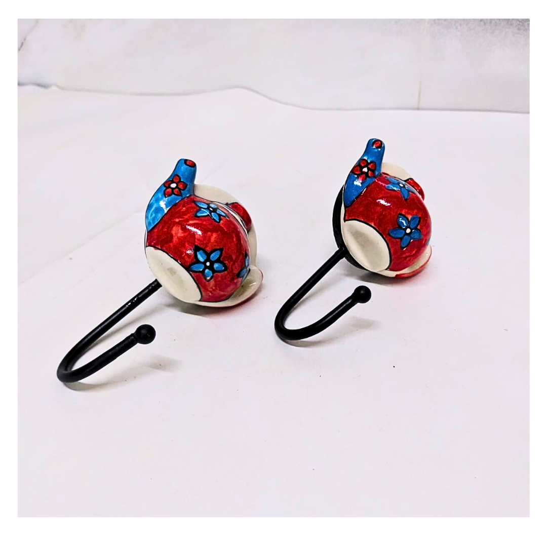 Decorative Ceramic Teapot Wall Hooks Set of 2 | Red and Blue Floral Design | Small Stylish Handcrafted Wall Hangers for Keys, Coats, Towels & Home Décor ( Color May Vary)