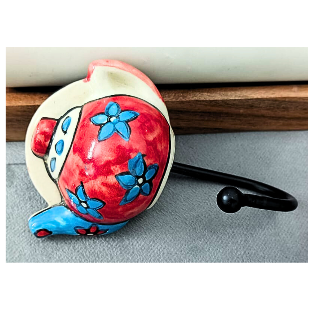 Decorative Ceramic Teapot Wall Hooks Set of 2 | Red and Blue Floral Design | Small Stylish Handcrafted Wall Hangers for Keys, Coats, Towels & Home Décor ( Color May Vary)