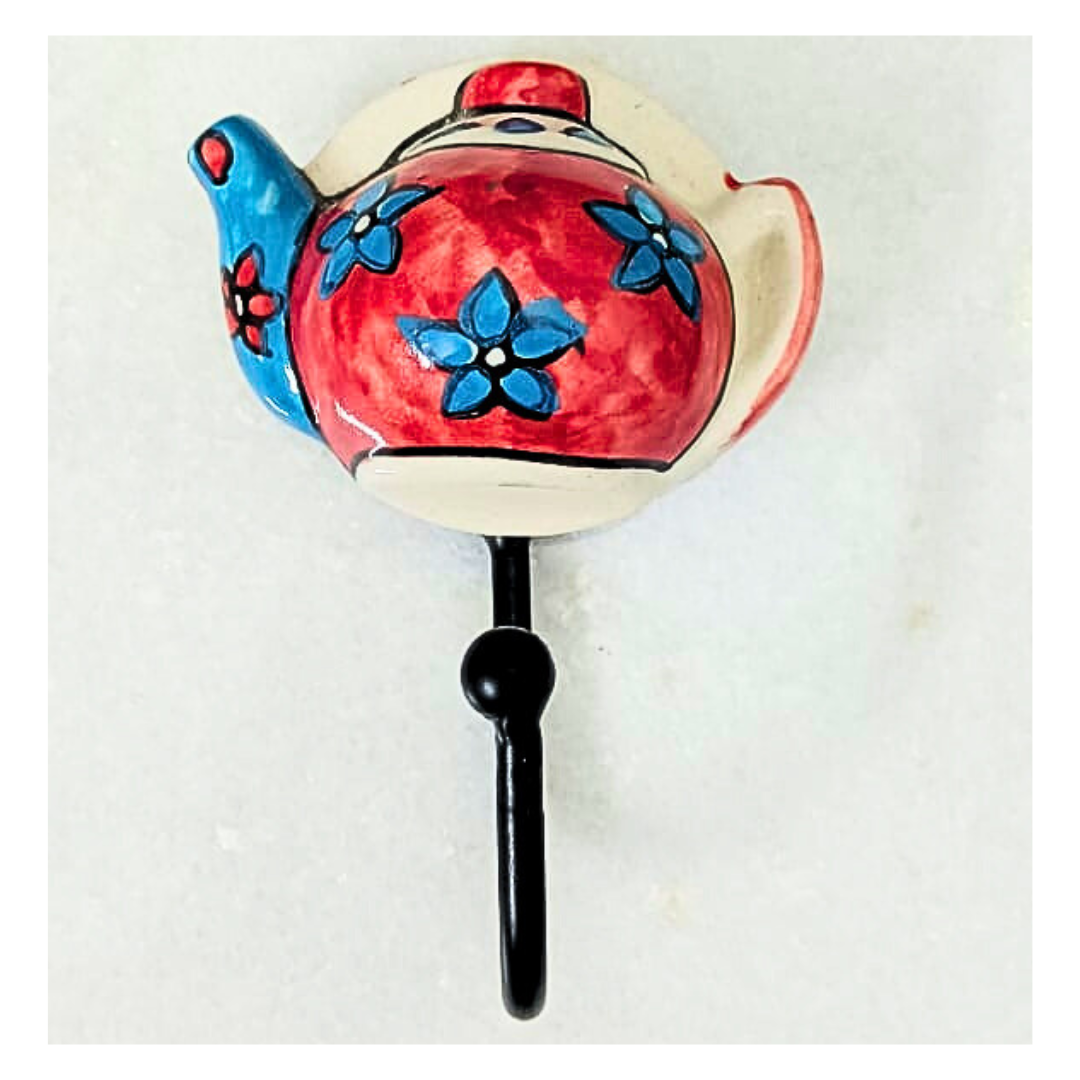 Decorative Ceramic Teapot Wall Hooks Set of 2 | Red and Blue Floral Design | Small Stylish Handcrafted Wall Hangers for Keys, Coats, Towels & Home Décor ( Color May Vary)