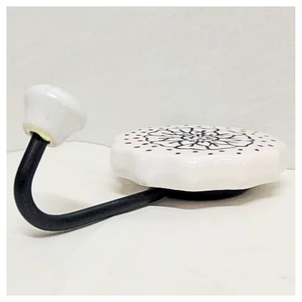 Decorative Wall Hook with Floral Pattern | White Ceramic with Black Metal Curve | Casual Medium Handcrafted Wall Hanger for Keys, Coats, Towels & Home Décor