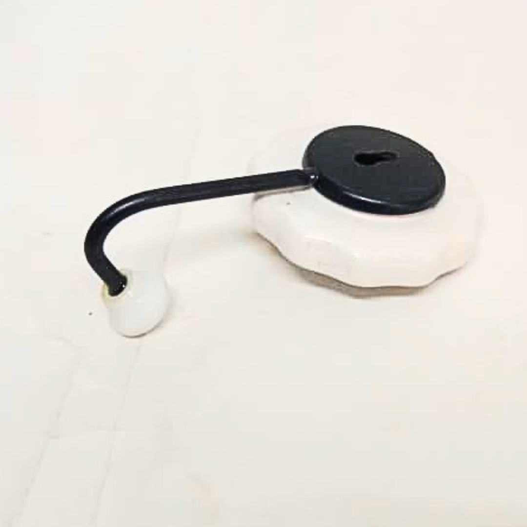 Decorative Wall Hook with Floral Pattern | White Ceramic with Black Metal Curve | Casual Medium Handcrafted Wall Hanger for Keys, Coats, Towels & Home Décor