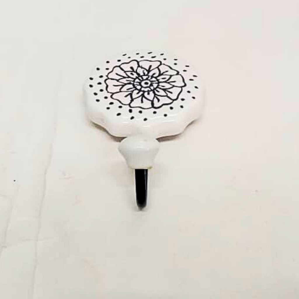 Decorative Wall Hook with Floral Pattern | White Ceramic with Black Metal Curve | Casual Medium Handcrafted Wall Hanger for Keys, Coats, Towels & Home Décor