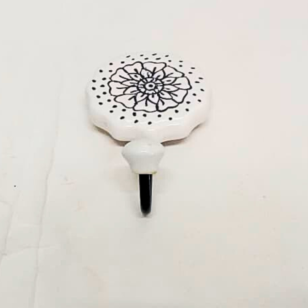 Decorative Wall Hook with Floral Pattern | White Ceramic with Black Metal Curve | Casual Medium Handcrafted Wall Hanger for Keys, Coats, Towels & Home Décor