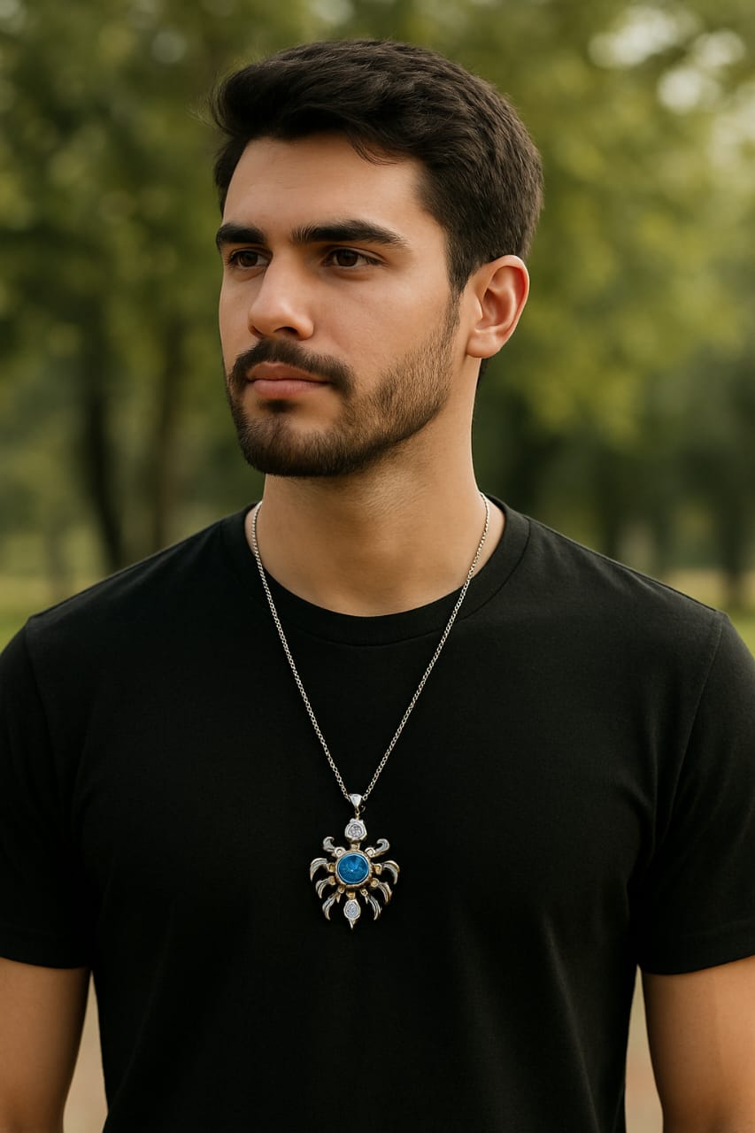 Men’s Silver Spider Pendant with Blue Stone – Gothic Style Necklace for Men | Premium Fashion Jewelry