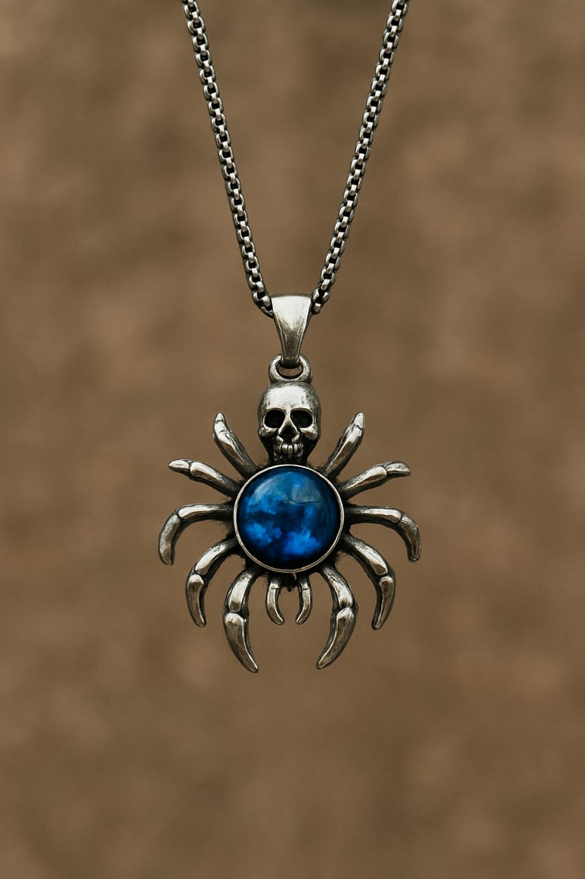 Men’s Silver Spider Pendant with Blue Stone – Gothic Style Necklace for Men | Premium Fashion Jewelry