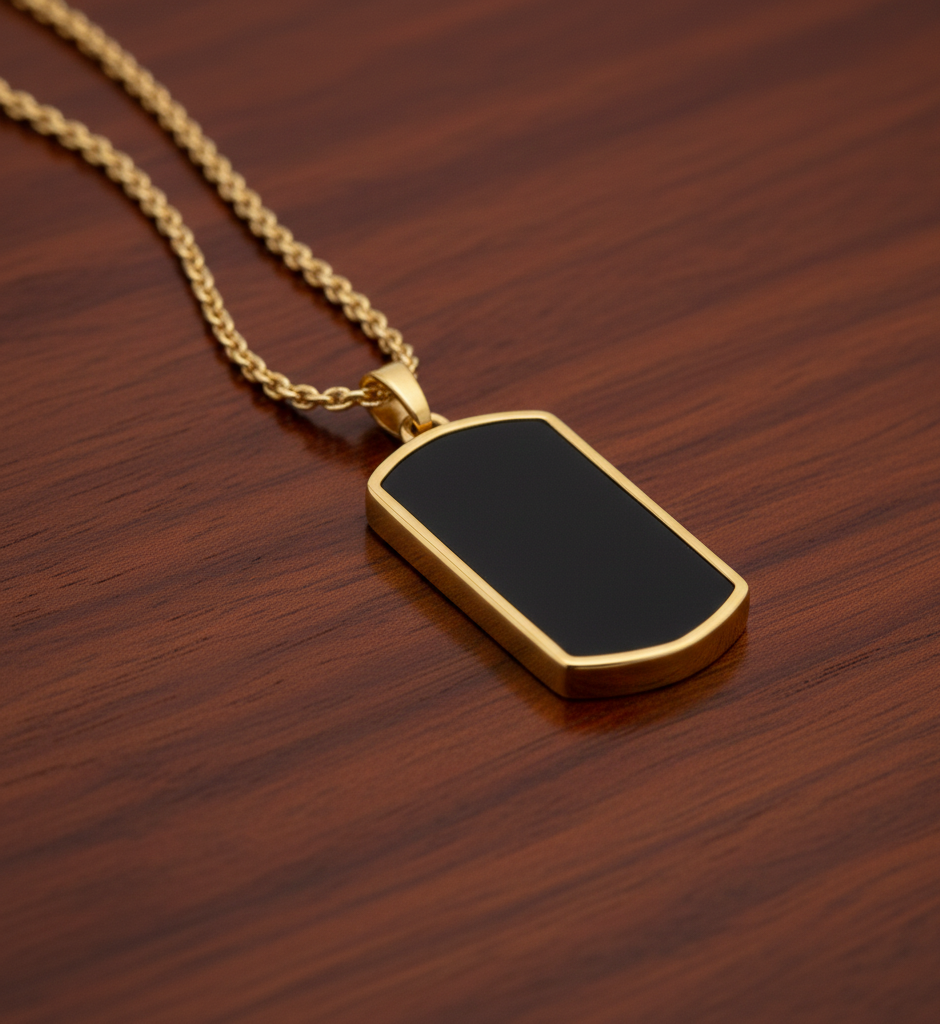 Unisex Gold-Plated Black Rectangular Pendant