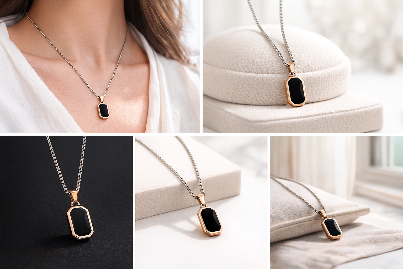 Unisex Gold Plated Black Stone Pendant Necklace | Modern Minimalist Chain for Men & Women | Trendy Everyday Fashion Jewelry