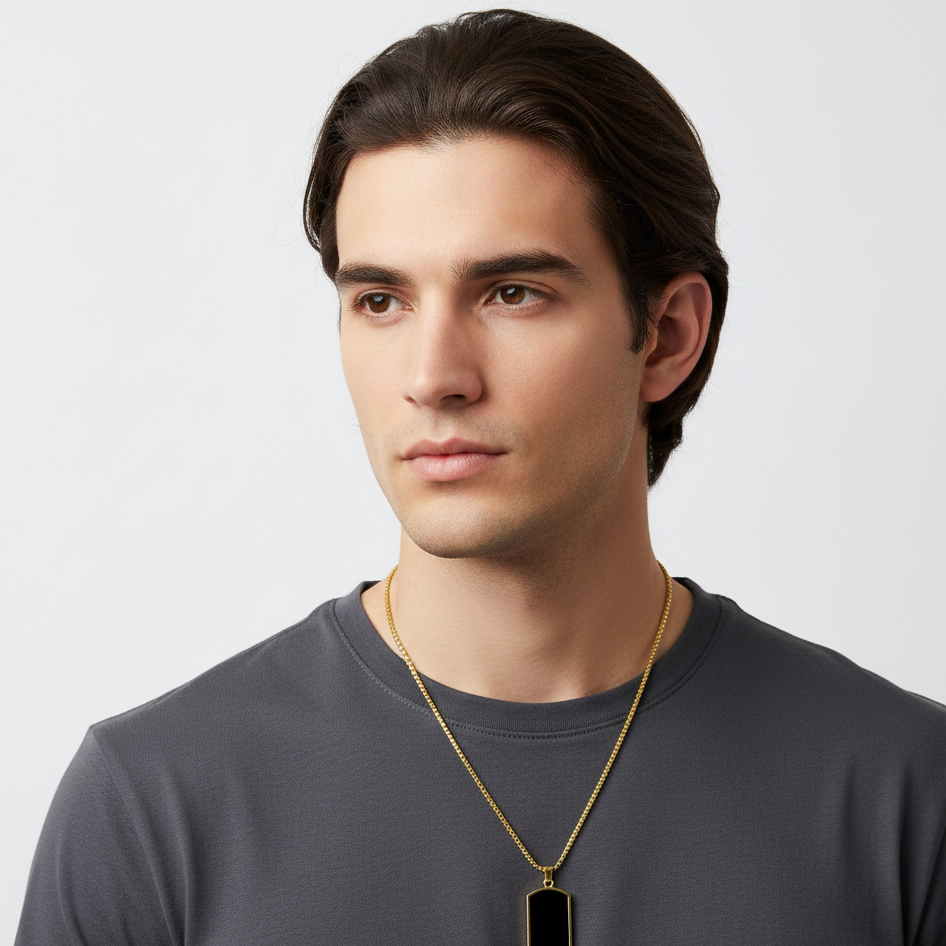 Unisex Gold-Plated Black Rectangular Pendant